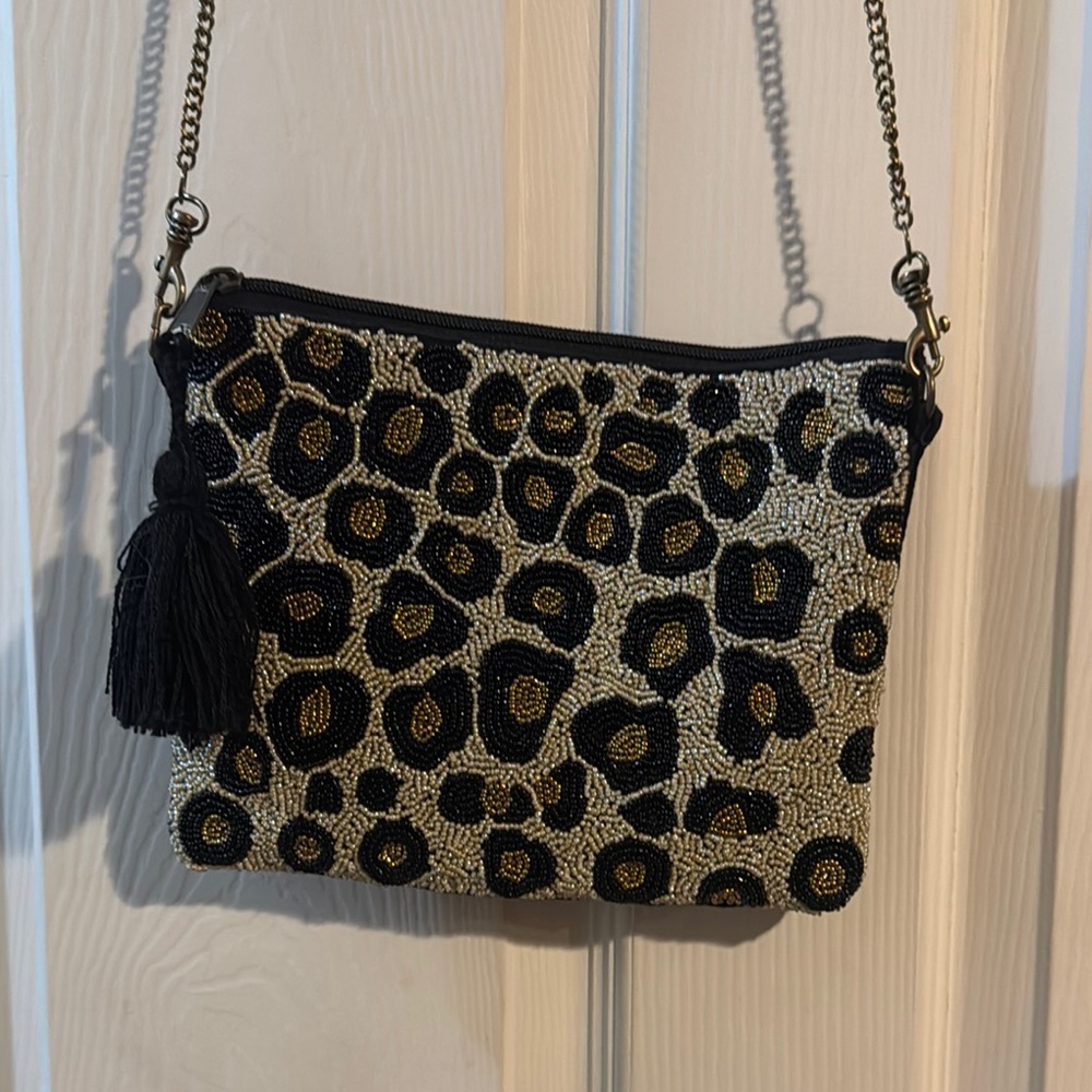 Leopard Print Beaded Crossbody Bag